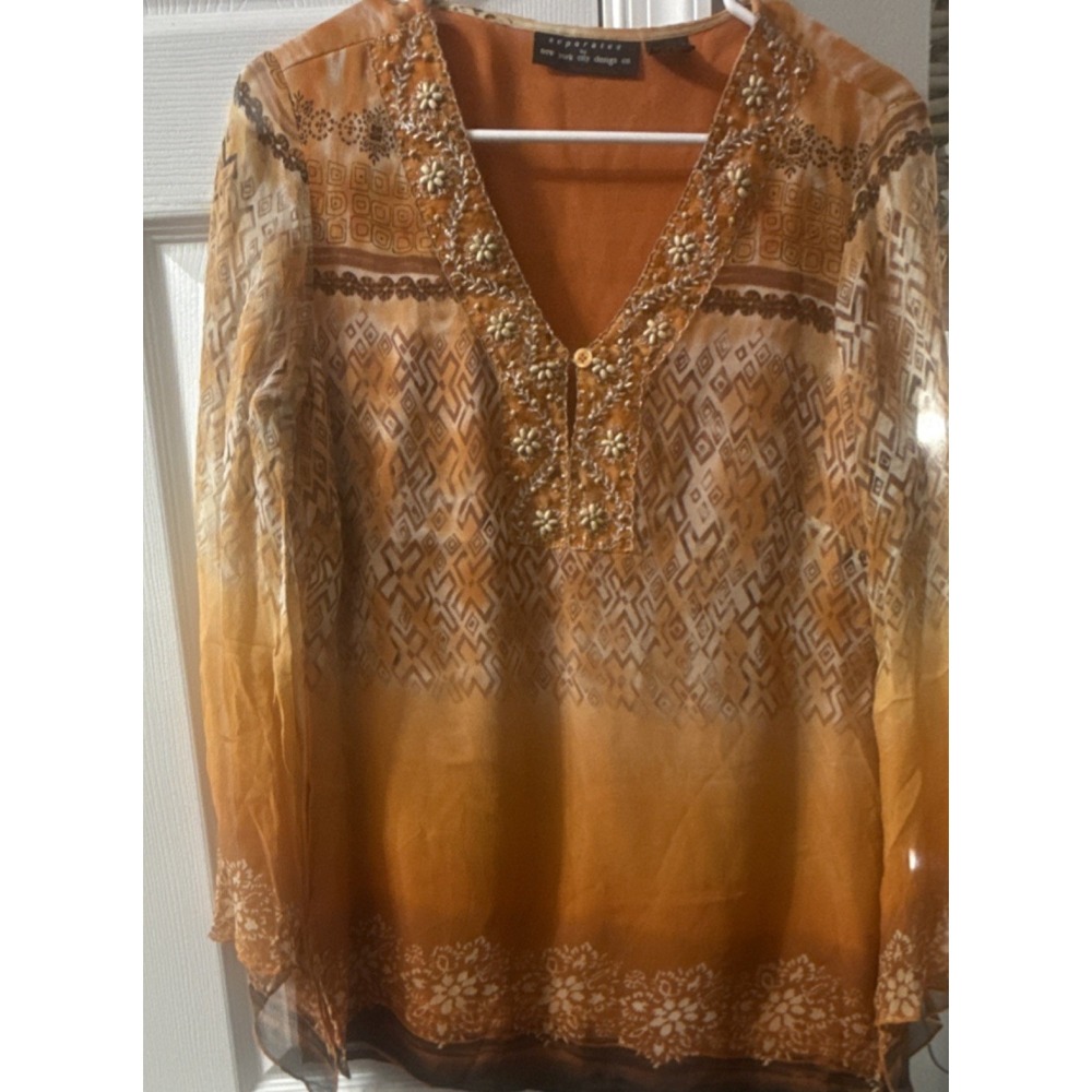 100% Silk Boho Embroidered Beaded Blouse Women's M Flowy Tunic Top-